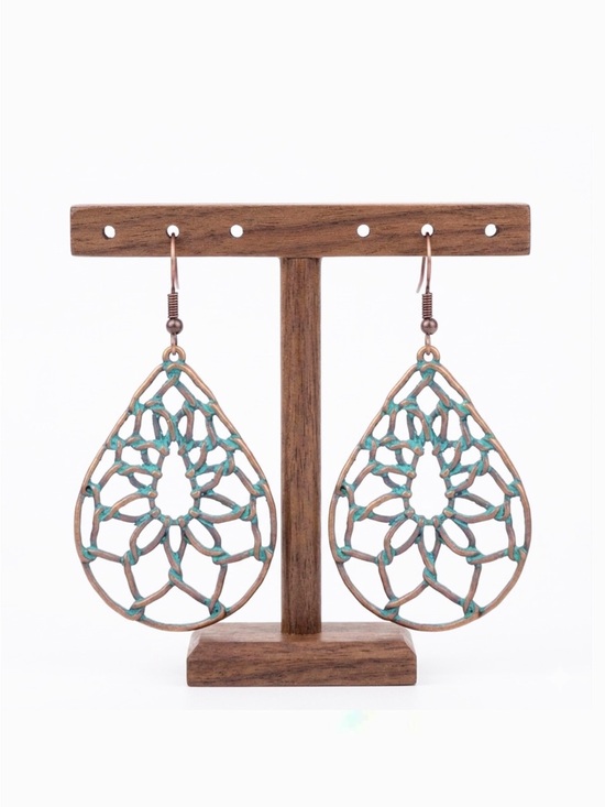Boheme Jewelry - New Bohemian Cut Out Floral Dream Catcher Copper Turquoise Dangle Earrings